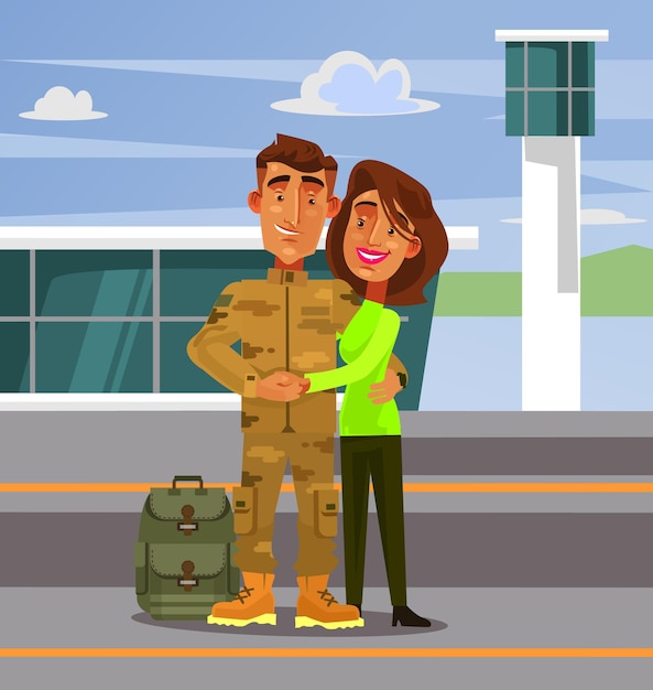 Brave happy smiling soldier man character come back home to his wife girlfriend woman