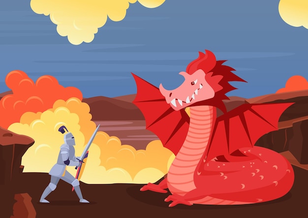 Brave knight fighting dragon fairy tale scenery with fight between warrior and monster