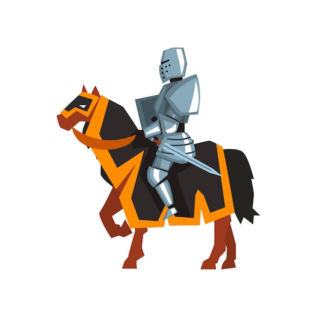 Coraggioso cavaliere in armatura d'acciaio con spada e scudo. guardiano del regno. progettazione grafica per sito web, app mobile o cartolina. illustrazione vettoriale colorato in stile piatto isolato su sfondo bianco.