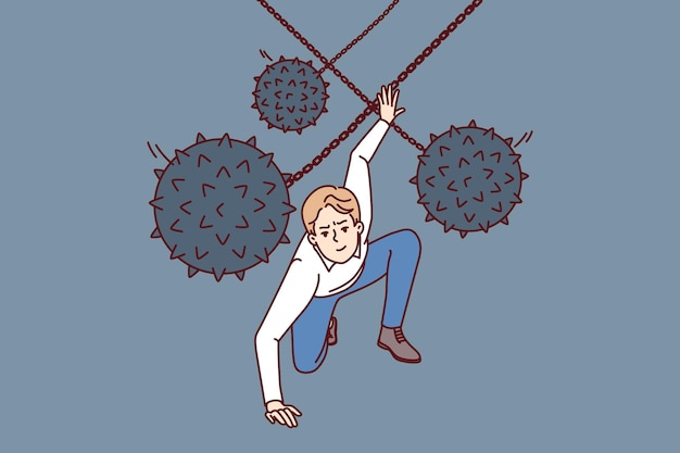Brave man dodges prickly balls suspended from chain symbolizing business problems