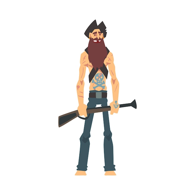 Vector brave pirate with gun male buccaneer cartoon character vector illustration