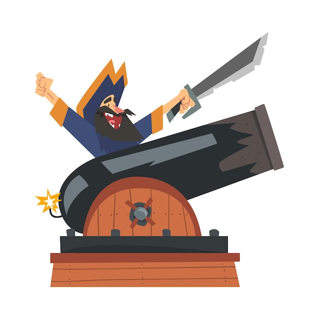 Vector brave pirate with saber sitting on gun male buccaneer cartoon character vector illustration