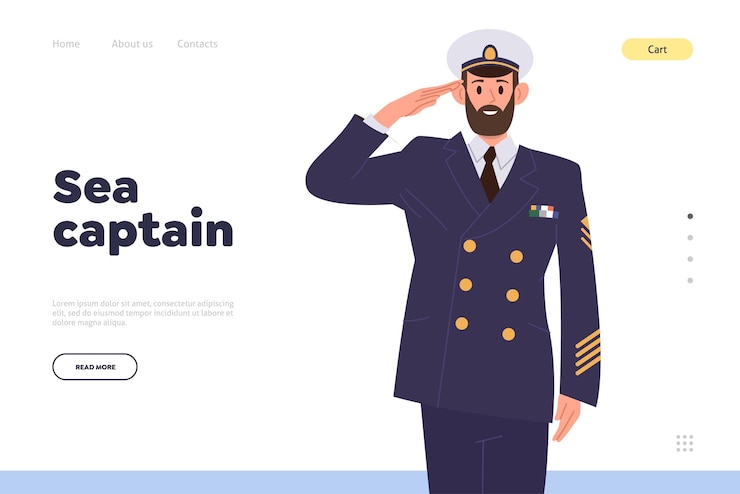 Vector brave sea captain landing page design website template for online service offering nautical job for professional ship crew or sailors cruise team members qualified vessel stuff vector illustration