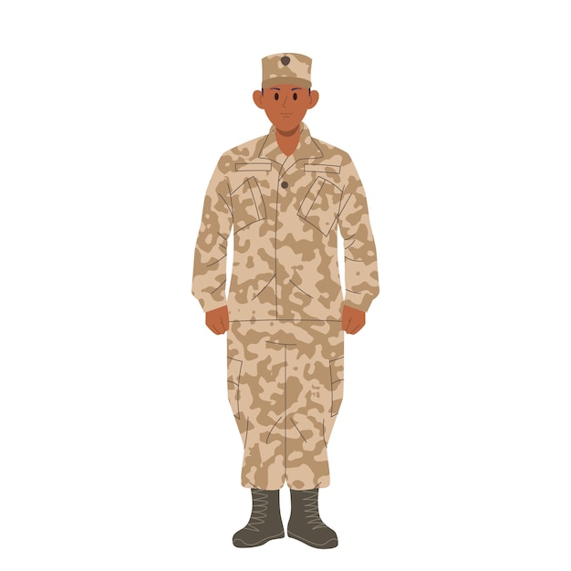 Brave serious man sergeant cartoon character wearing military camouflage isolated on white