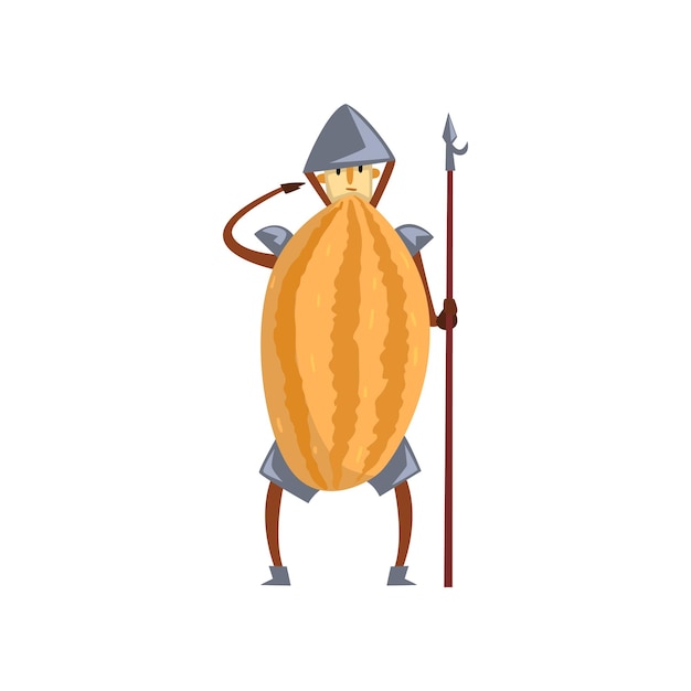 Храбрый воин мелон мультфильмный персонаж с копьем человек в фруктовом костюме векторная иллюстрация на белом