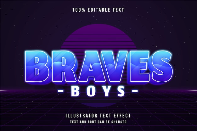 Braves boys, 3d редактируемый текстовый эффект с синей градацией, фиолетовый неоновый стиль текста