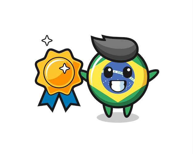 Brazil flag badge mascot illustration holding a golden badge