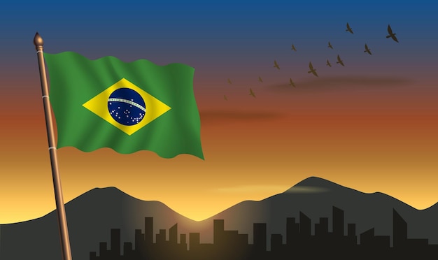 Vector brazil flag glow in sunset background