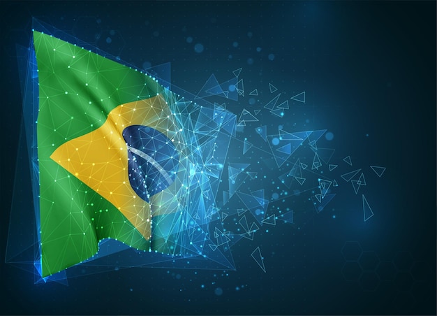 Brazil,  flag, virtual abstract 3D object from triangular polygons on a blue background