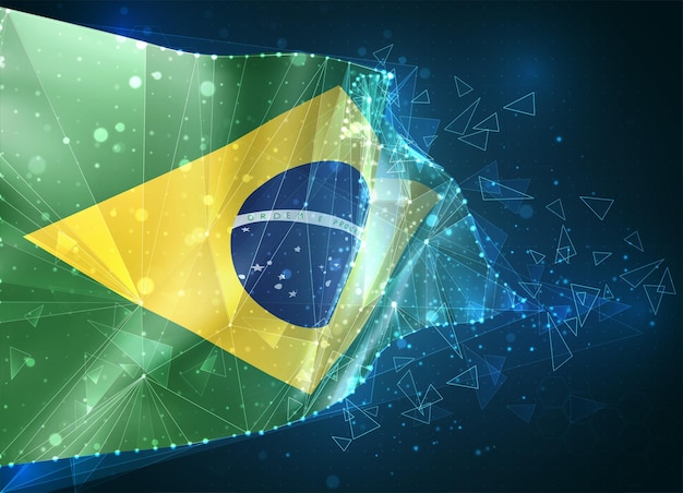 Brazil,  flag, virtual abstract 3D object from triangular polygons on a blue background