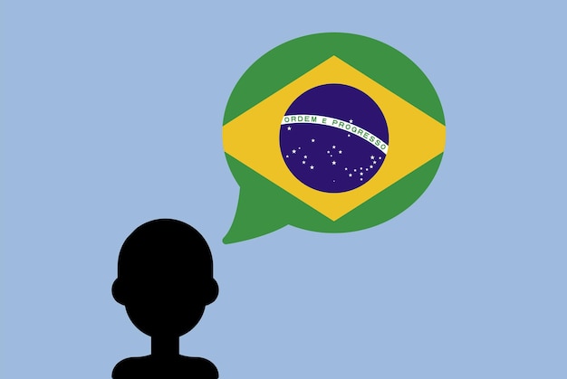 Vector brazil flag with speech balloon silhouette man with country flag learning brazilian language