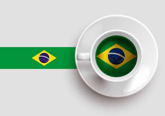 Brazil flag with a tasty coffee cup on top view