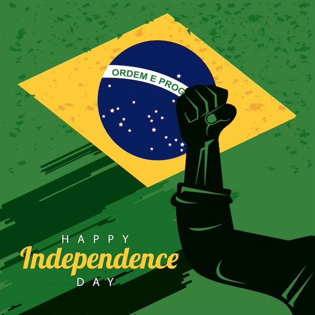 Brazil happy independence day celebration with flag and hand fist