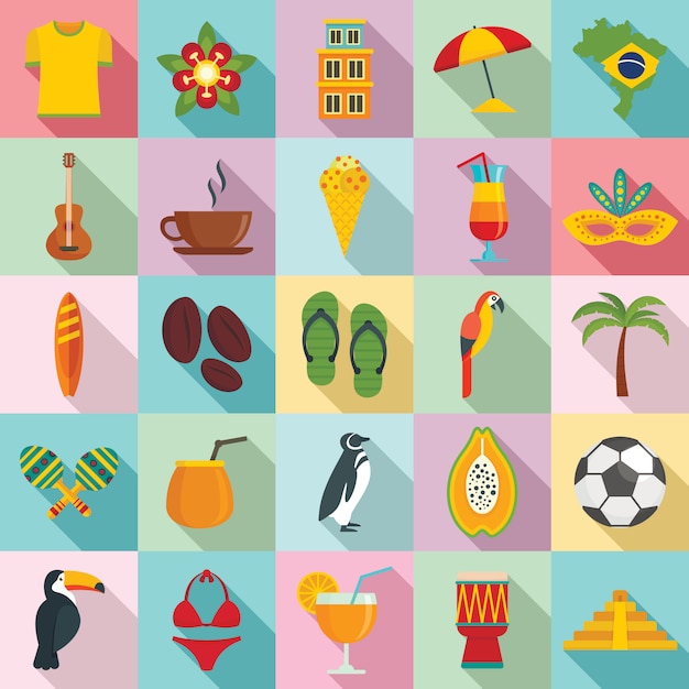 Набор иконок Бразилии, плоский стиль