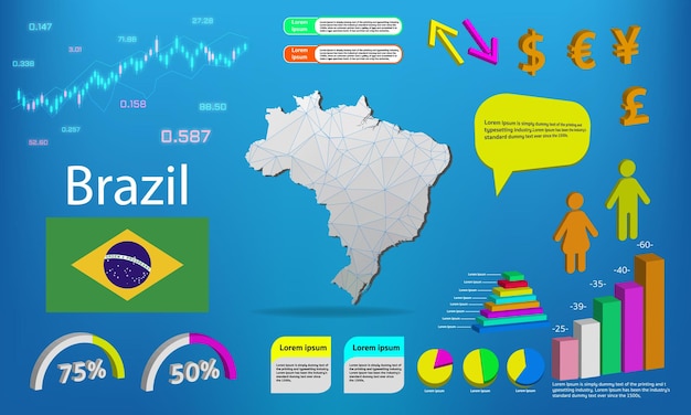 Brasile mappa info grafici grafici simboli elementi e raccolta di icone mappa dettagliata del brasile con elementi di infografica aziendale di alta qualità