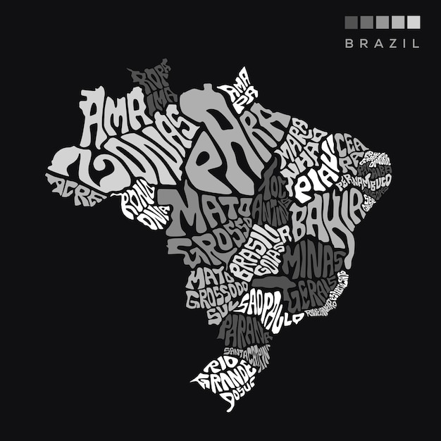 모든 주 이름 타이포그래피가 있는 브라질 지도 흑백 색상의 브라질 레터링 지도