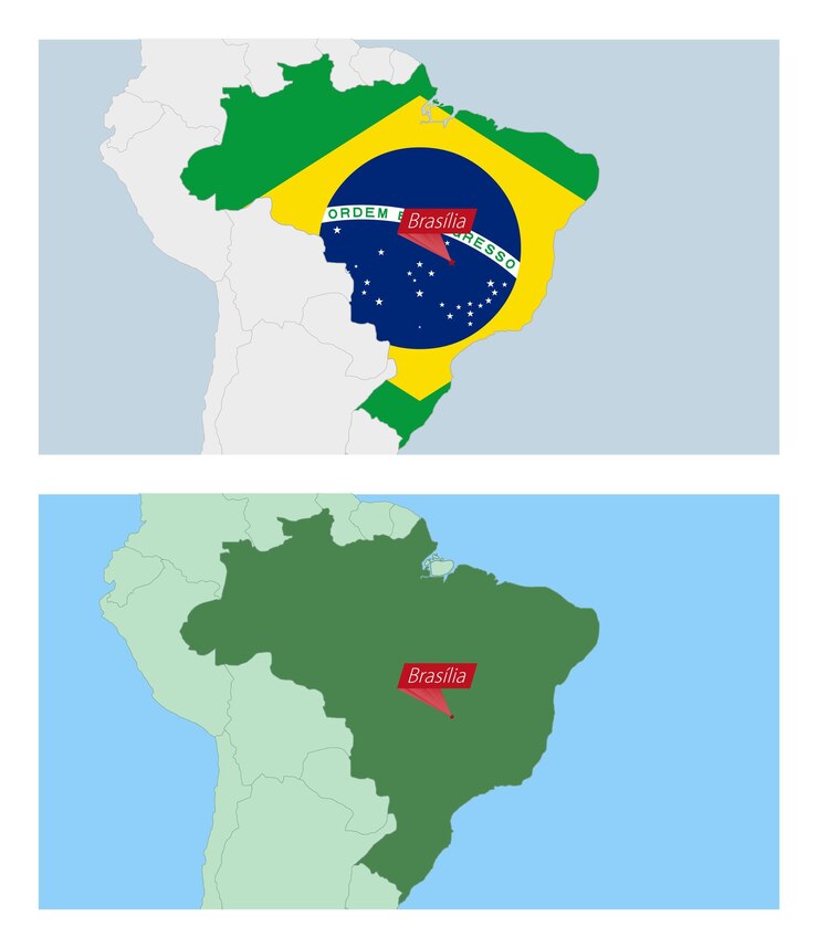 Vector brazil map with pin of country capital two types of brazil map with neighboring countries