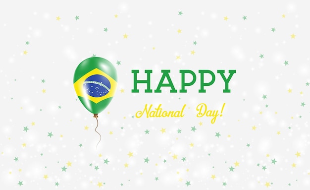 ブラジル建国記念日愛国ポスター。ブラジルの国旗の色のフライングラバーバルーン。バルーン、紙吹雪、星、ボケ、輝きのブラジル建国記念日の背景。