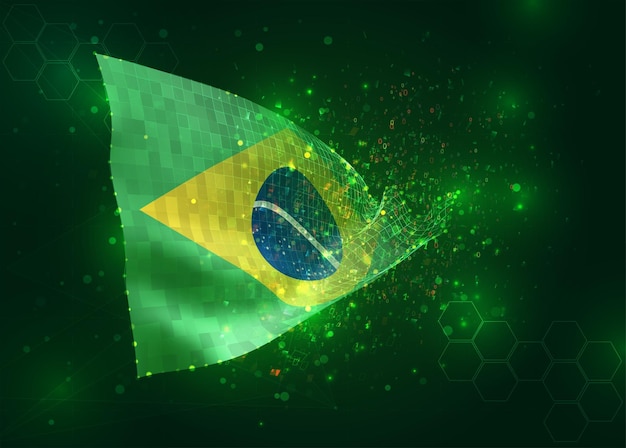 Brazil on vector 3d flag on green background with polygons and data numbers