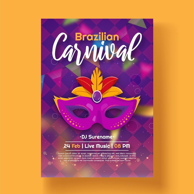 Braziliaans carnaval feest folder sjabloon met gouden lint masker en confetti