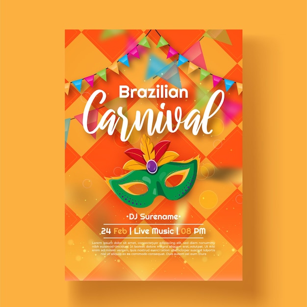 Braziliaans carnaval feest folder sjabloon met gouden lint masker en confetti