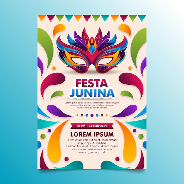 Braziliaans festival festa junina flyer design met kleurrijk carnavalsmasker