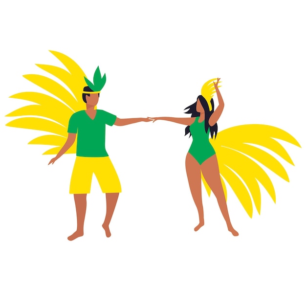 Braziliaans paar man en vrouw carnaval. Dansende mensen in carnavalskostuums. Vector illustratie.