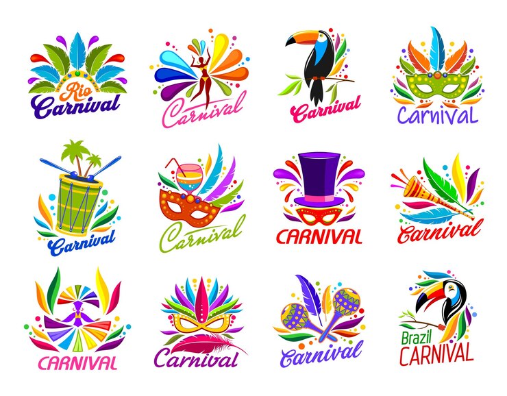 Vector braziliaanse carnavalsfeestjes en rio carnavalse evenementen iconen