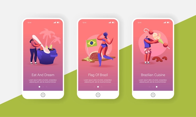 Braziliaanse keuken mobiele app-pagina aan boord van het scherm. tiny people characters koken en eten gebakken garnalen, feijoada stoofpotje bonen met rundvlees en varkensvlees concept.