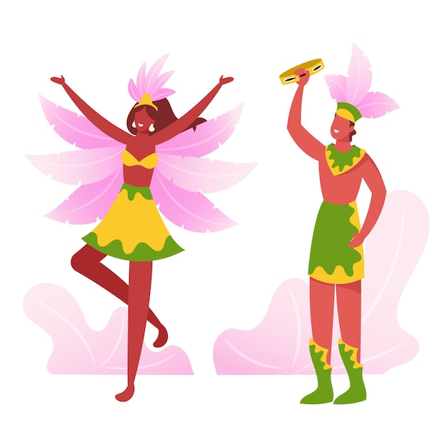 Vector braziliaanse tamboerijnspeler zingen en spelen, danseres die samba uitvoert op carnaval in rio. cartoon vlakke afbeelding