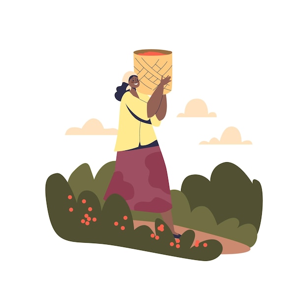 Braziliaanse vrouwendraagtas met koffiebonen van plantage Vrouwelijke landarbeider die koffie oogst