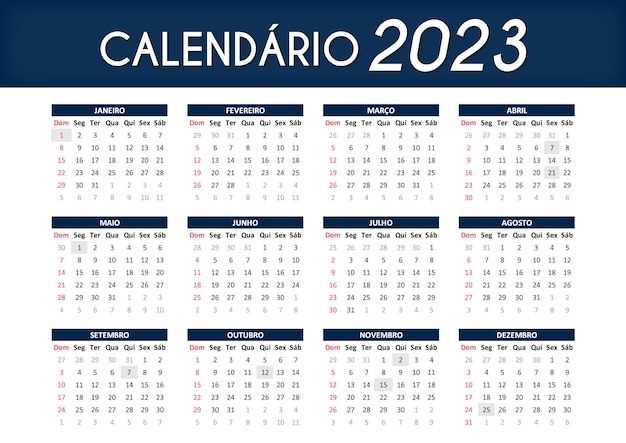 Vettore calendario brasiliano in portoghese 2023 blu