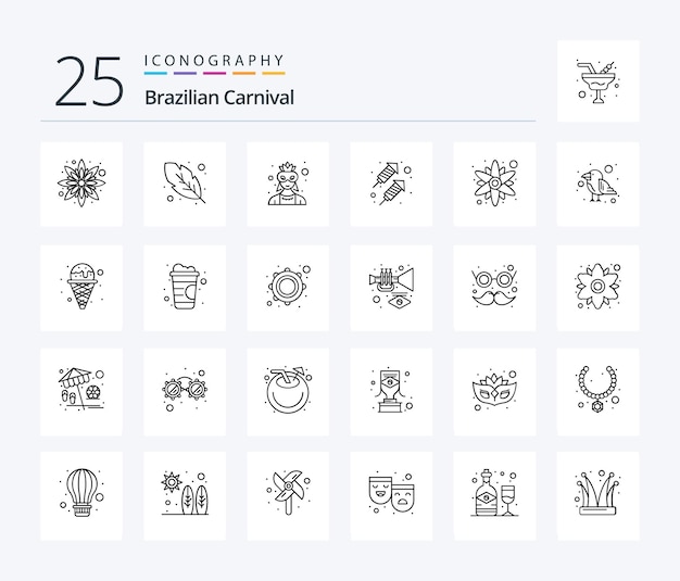 Pacchetto di icone del carnevale brasiliano 25 linee che include il lavoro di fuoco del fiore del fiore del sole del pappagallo