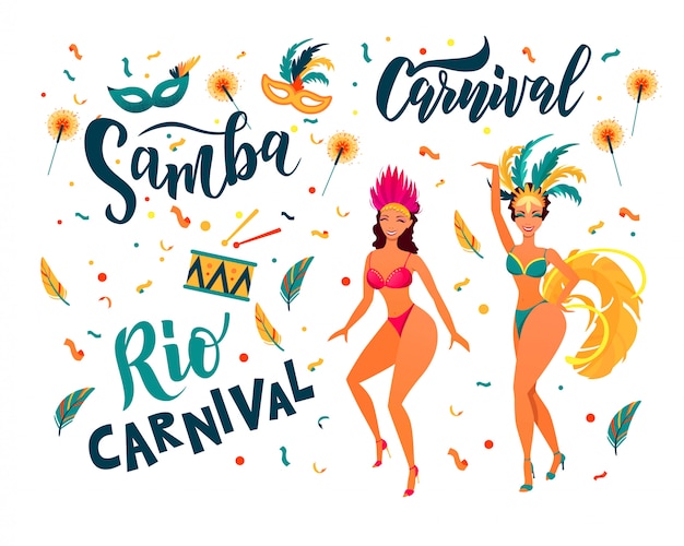 Elementi variopinti del partito di carnevale brasiliano. samba, testo di iscrizione della mano di carnevale. ballerini di rio de janeiro che indossano un costume da festival.