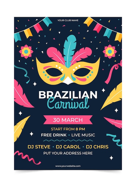 Vector brazilian carnival flyer template flat design