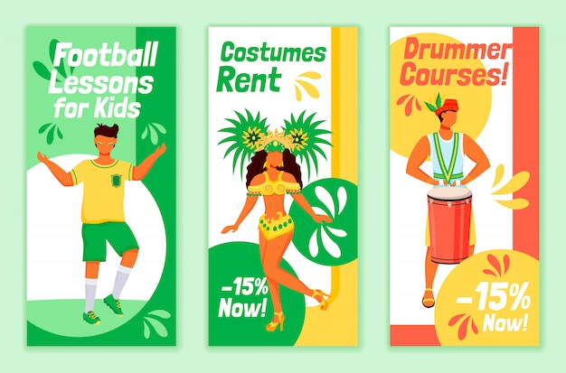 Brazilian carnival flyers flat templates set. football lessons for kids printable leaflet design layout. costumes rent. drummer courses advertising web vertical banner, social media stories