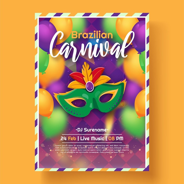 Вектор Шаблон флаера для бразильской карнавальной вечеринки с золотой маской из ленты и конфетти