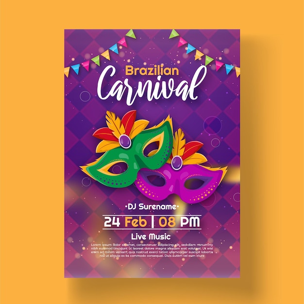 Vector brazilian carnival party flyer template with golden ribbon mask and confetti