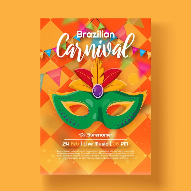 Brazilian carnival party flyer template with golden ribbon mask and confetti