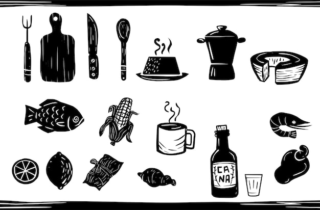 Vector brazilian cuisine icon set in woodcut style