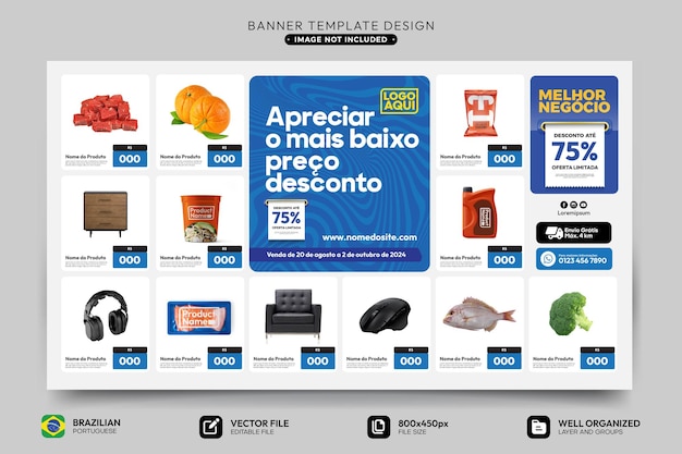 Vettore modello di banner del catalogo prodotti portoghese brasiliano
