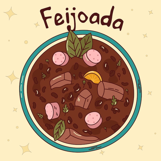 Vettore cibo tradizionale brasiliano feijoada illustrazione vettoriale in stile disegnato a mano