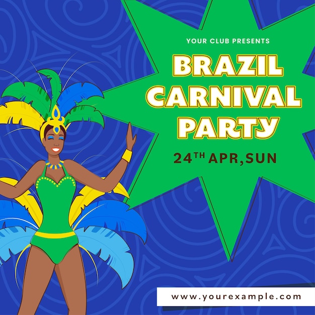 Vector brazilië carnaval uitnodigingskaart met vrouwelijke samba danseres op groene en blauwe swirl patroon achtergrond