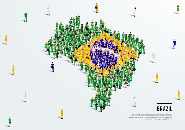 Brazilië kaart en vlag. Een grote groep mensen in de vorm van een Braziliaanse vlagkleur om de kaart te maken. Vector