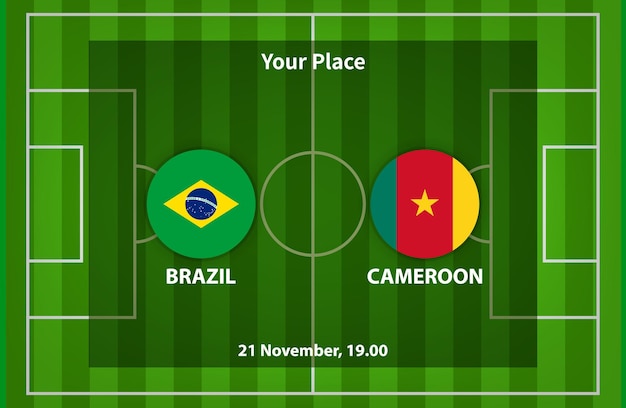 Brazilië versus Kameroen voetbal of voetbal Poster Match Design met vlag en voetbalveld