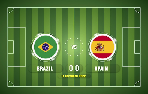 Brazilië versus Spanje 2022 voetbalwedstrijd met scorebord en stadionachtergrond
