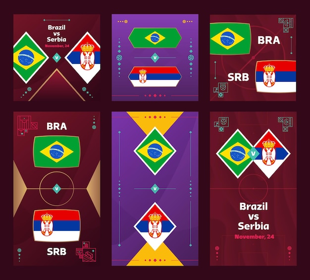 Brazilië vs Servië Match World Football 2022 verticale en vierkante bannerset voor sociale media 2022