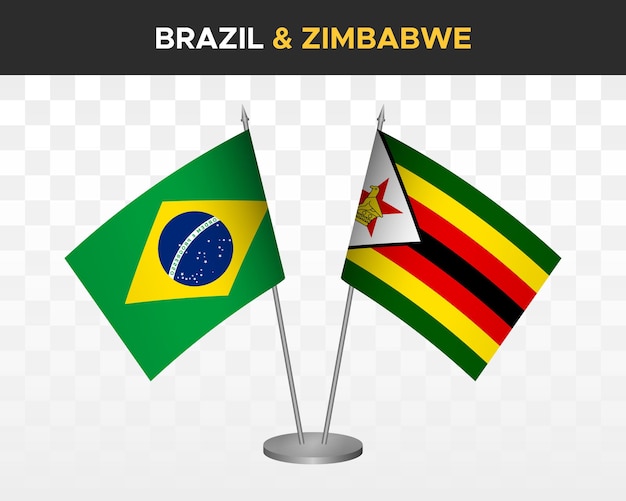 Brazilië vs Zimbabwe Bureauvlaggen mockup geïsoleerde 3d vector illustratie tafelvlaggen