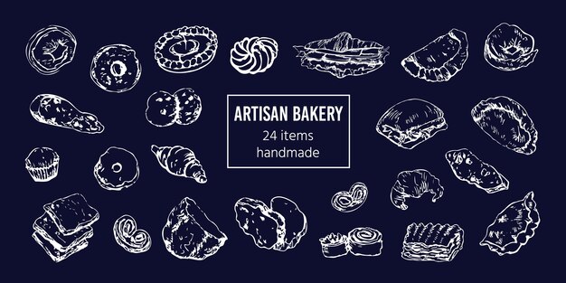 Bread and bakery goods hand drawn chalk on blackboard Vintage patisserie stylized vector sketch