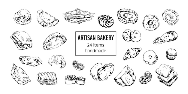 Bread and bakery goods hand drawn set Vintage patisserie stylized vector sketches